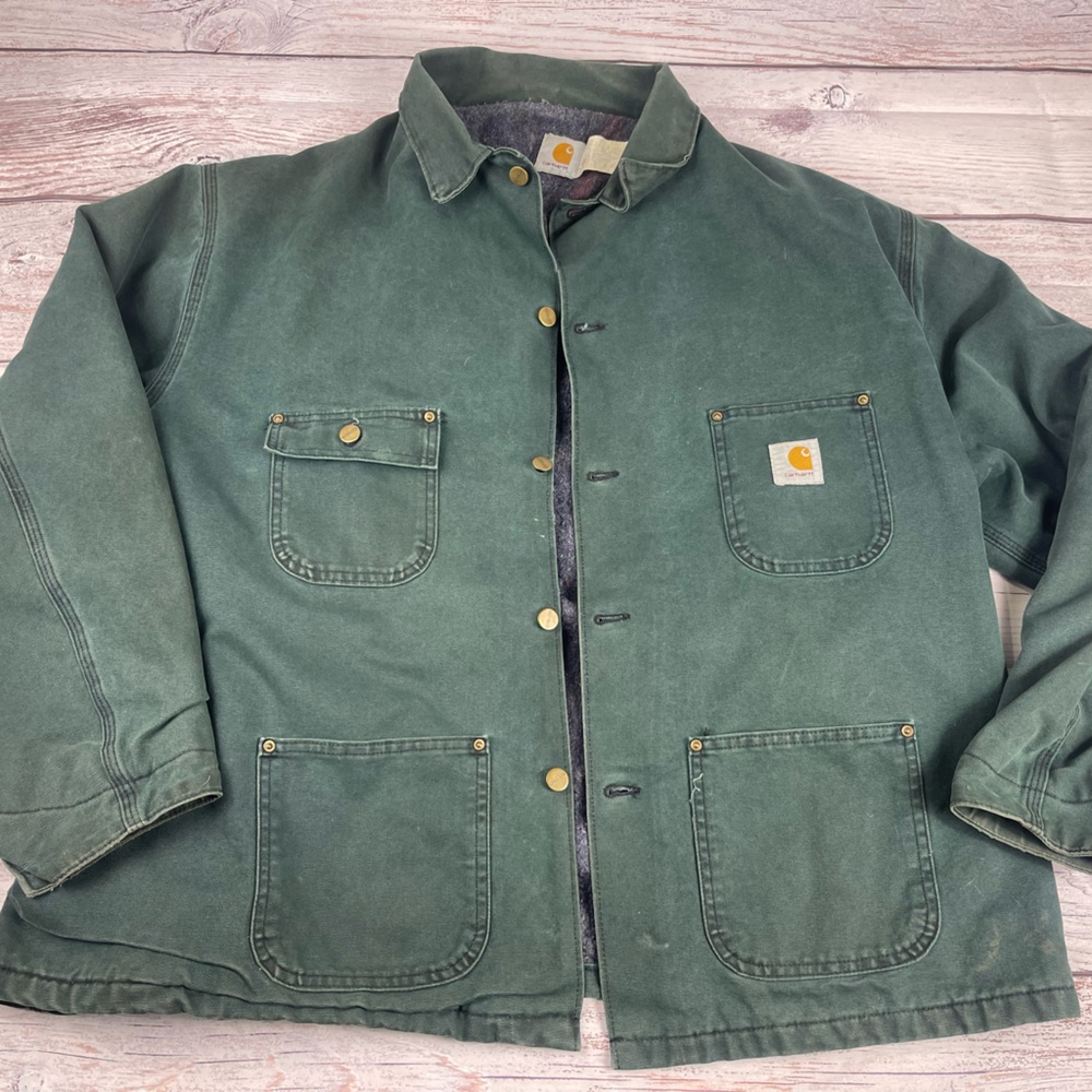 CARHARTT Vintage Blanket Lined CB143 Hunter Green Chore Coat Jacket USA Mens XL